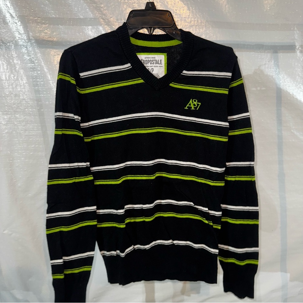 Aeropostale Men's Black Sweater with Green and White Stripes